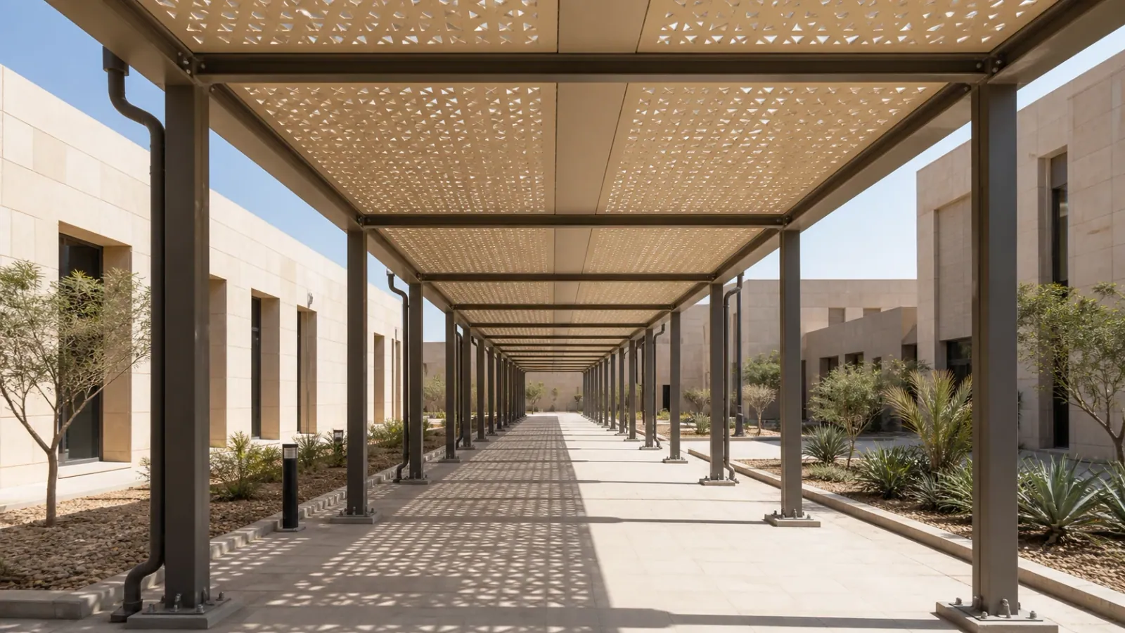 Perforated metal panels above an entrance and walkway in the laser-cut service gallery