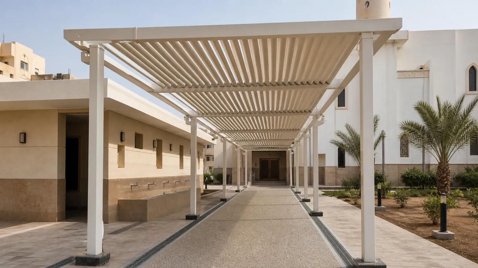 Canopy covering a courtyard beside a mosque building in the mosque-shade gallery