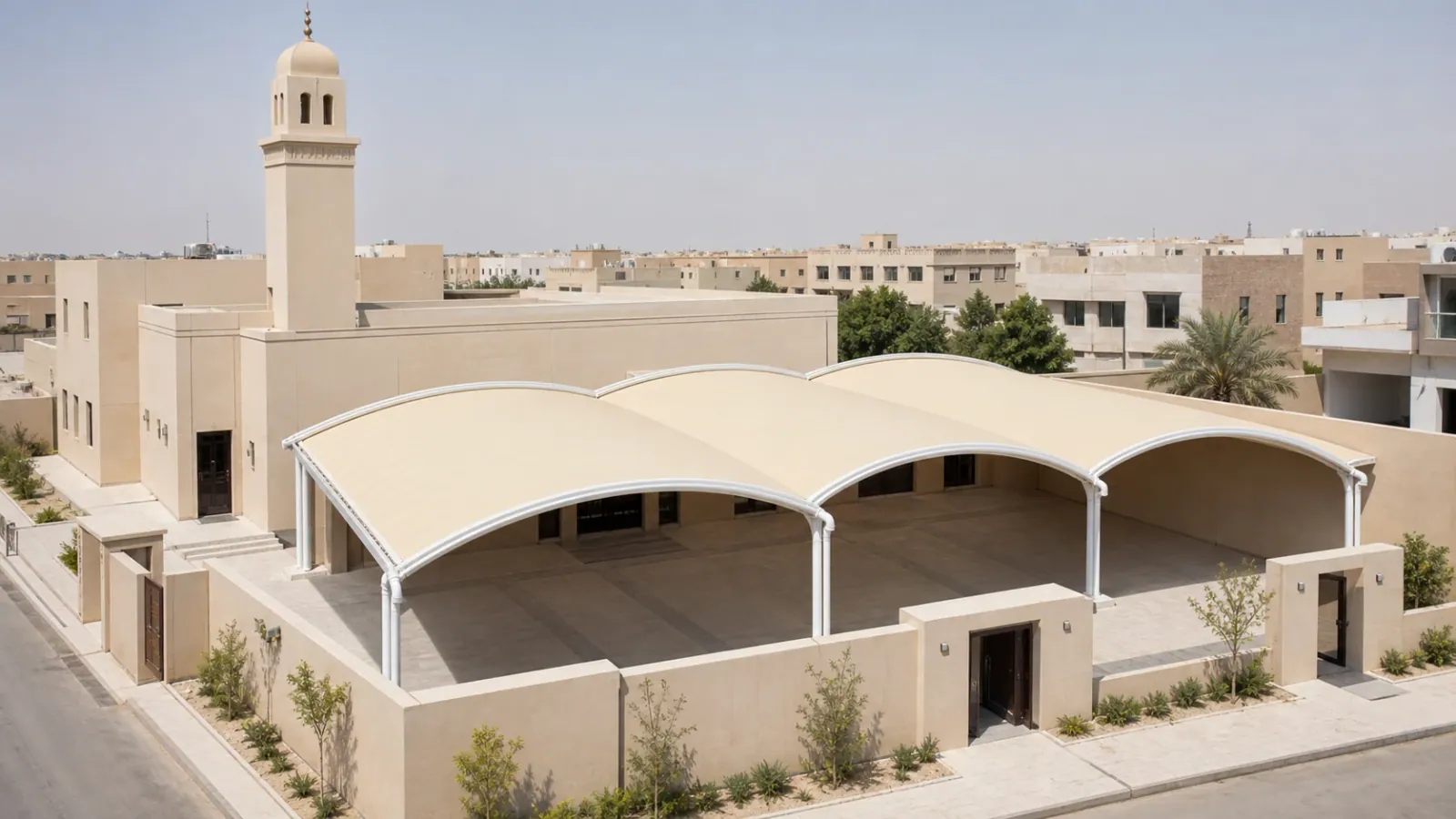 Canopy covering a courtyard beside a mosque building in the mosque-shade gallery